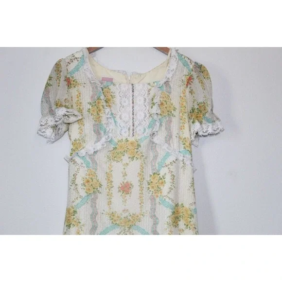 Vintage Floral Prairie Peasant Lace Maxi Dress Bridgeton Ivory Women's 13 H14102 - Picture 3 of 11